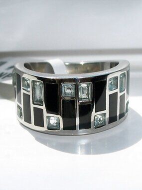 STAINLESS STEEL Sea Blue CZ Art Deco Band Ring